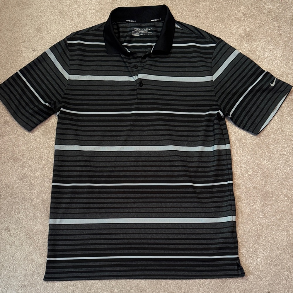 Men’s Nike golf Dri- fit Black and Gray Striped Polo Shirt
